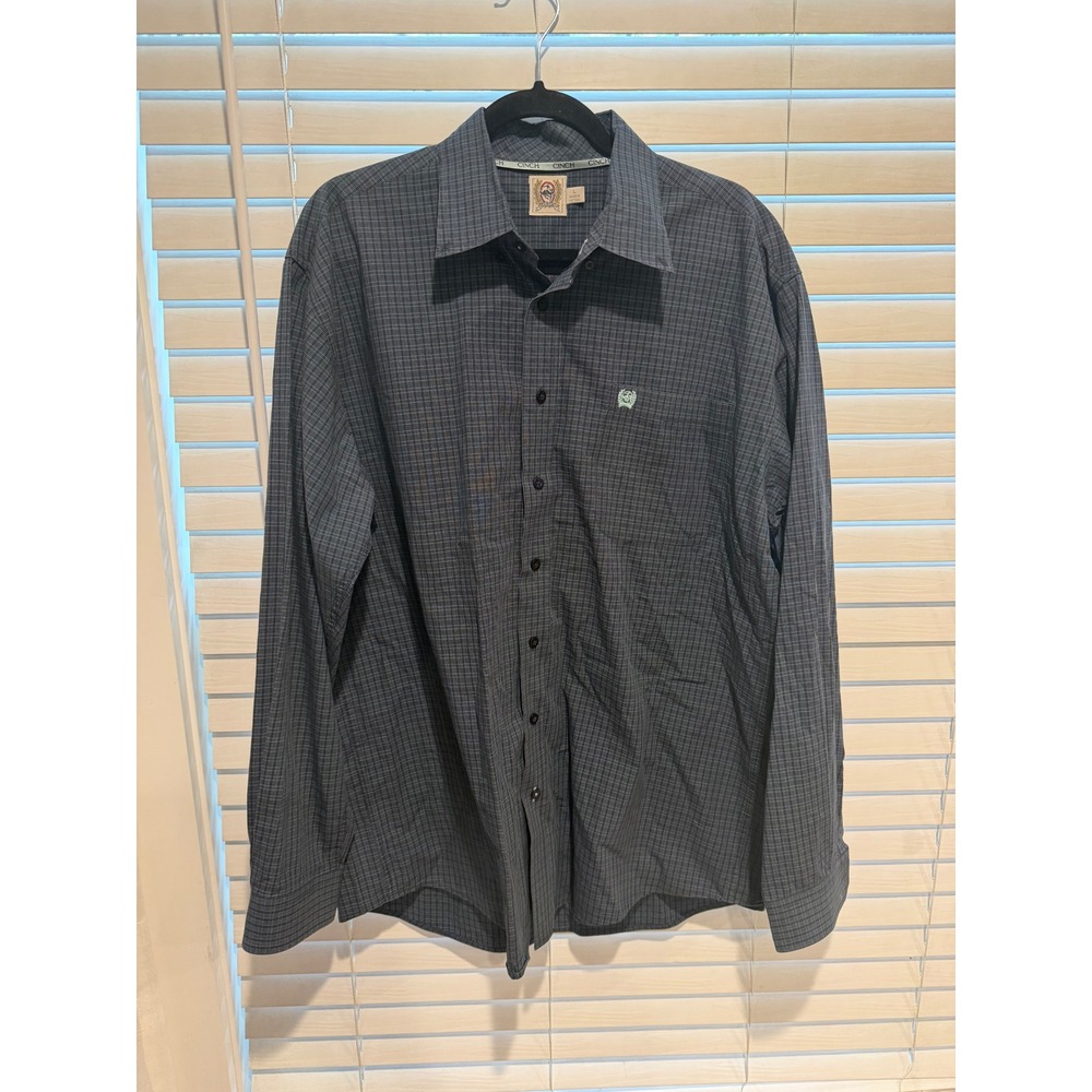 Cinch‎ Mens Long Sleeve Button Down Shirt Charcoal Grey Grid Plaid Size L